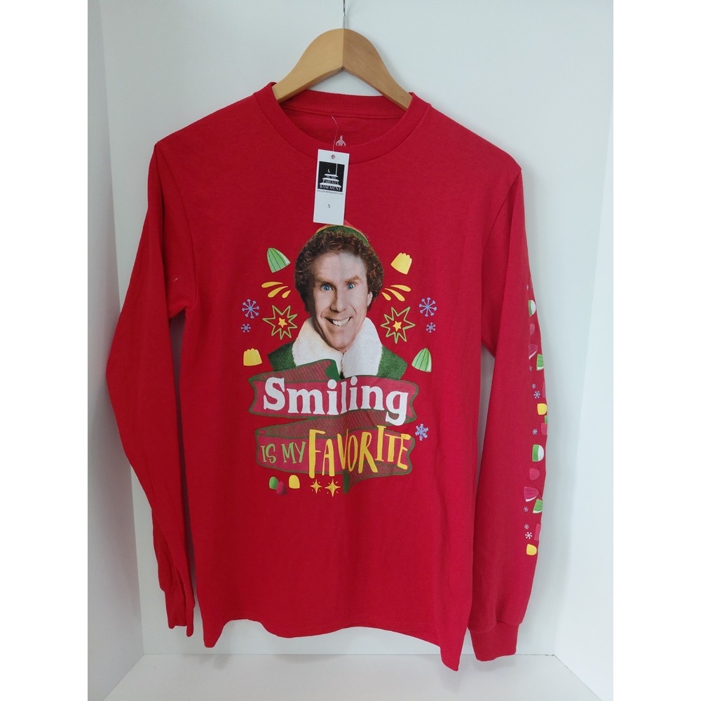 Elf the Movie Long Sleeve T-Shirt - Smiling is My Favorite Adult‎ Small Red NWT